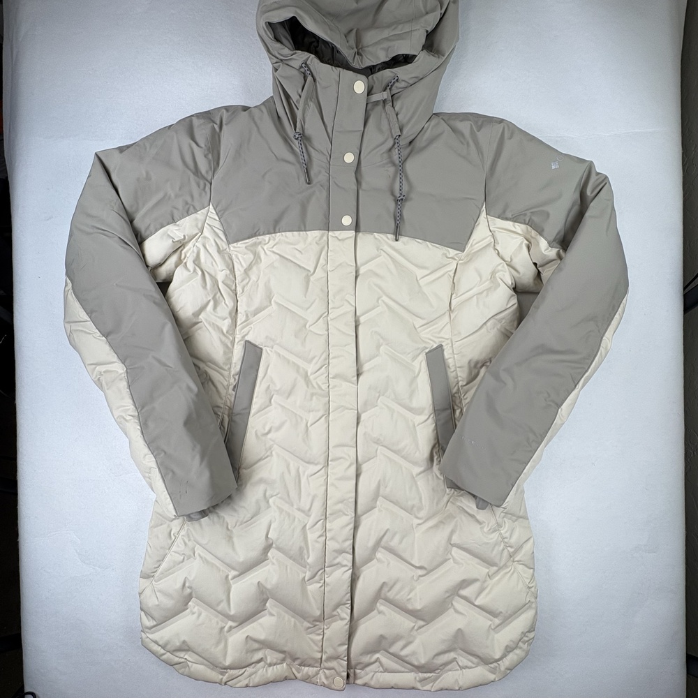 Columbia Omni-Tech Parka Coat Womens Large Beige Down Omni-Heat Hooded Zip Ski